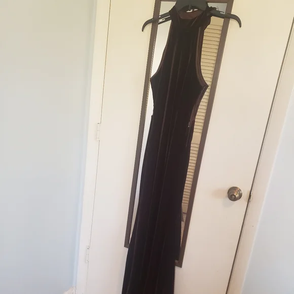 Chocolate Brown Velvet Maxi Halter Formal - Picture 7 of 9